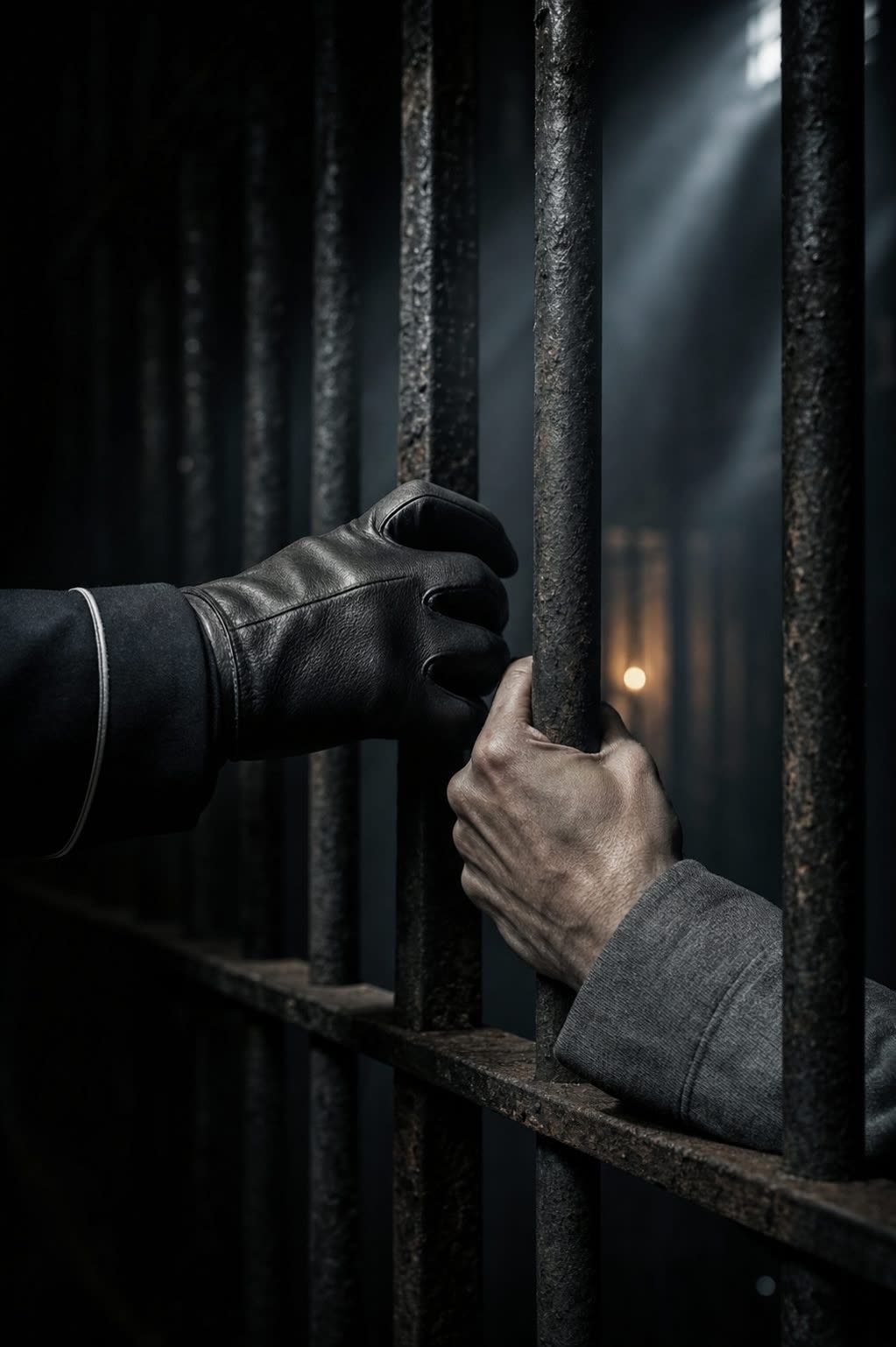 Gloved officer hand and prisoner hand meeting through the bars